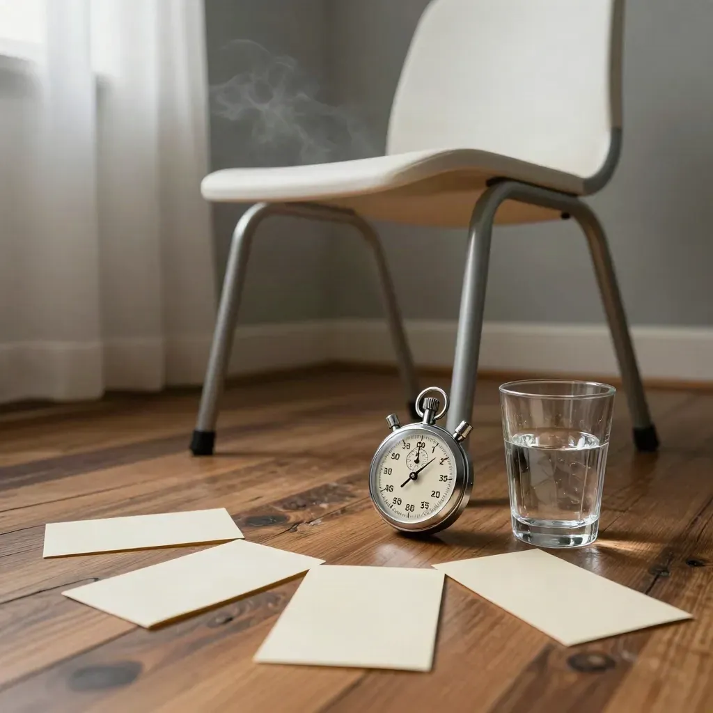 Sedia, cronometro, bicchiere d’acqua e tre cartoncini per simulare un colloquio.