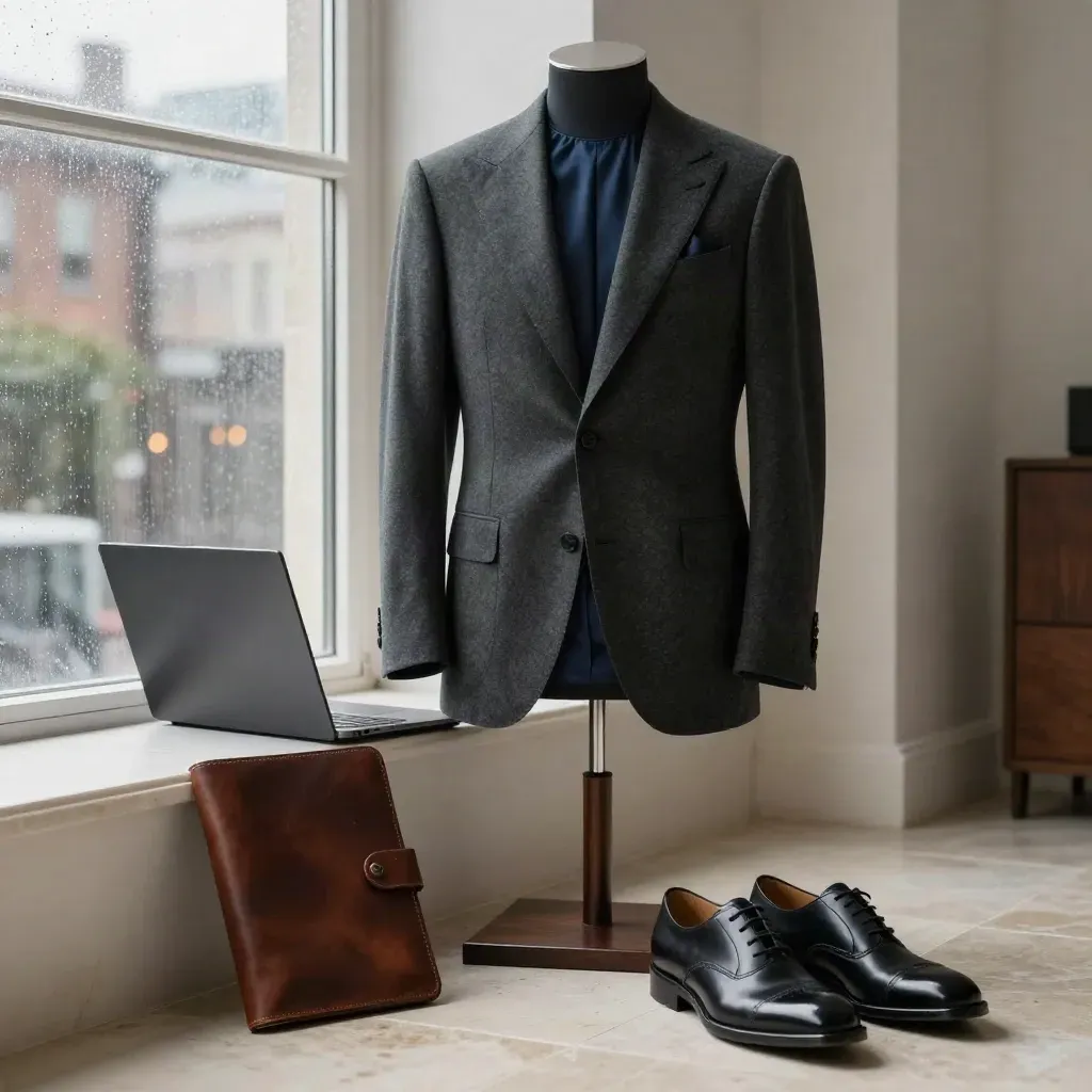 Blazer su stand, folio, laptop chiuso e scarpe lucidate in una suite di consulenza dopo la pioggia.