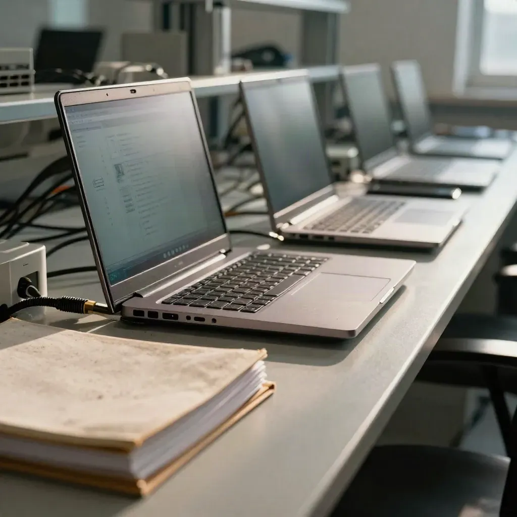Laptops chiusi, dock e raccoglitori su banco tecnico, luce drammatica e alone freddo.