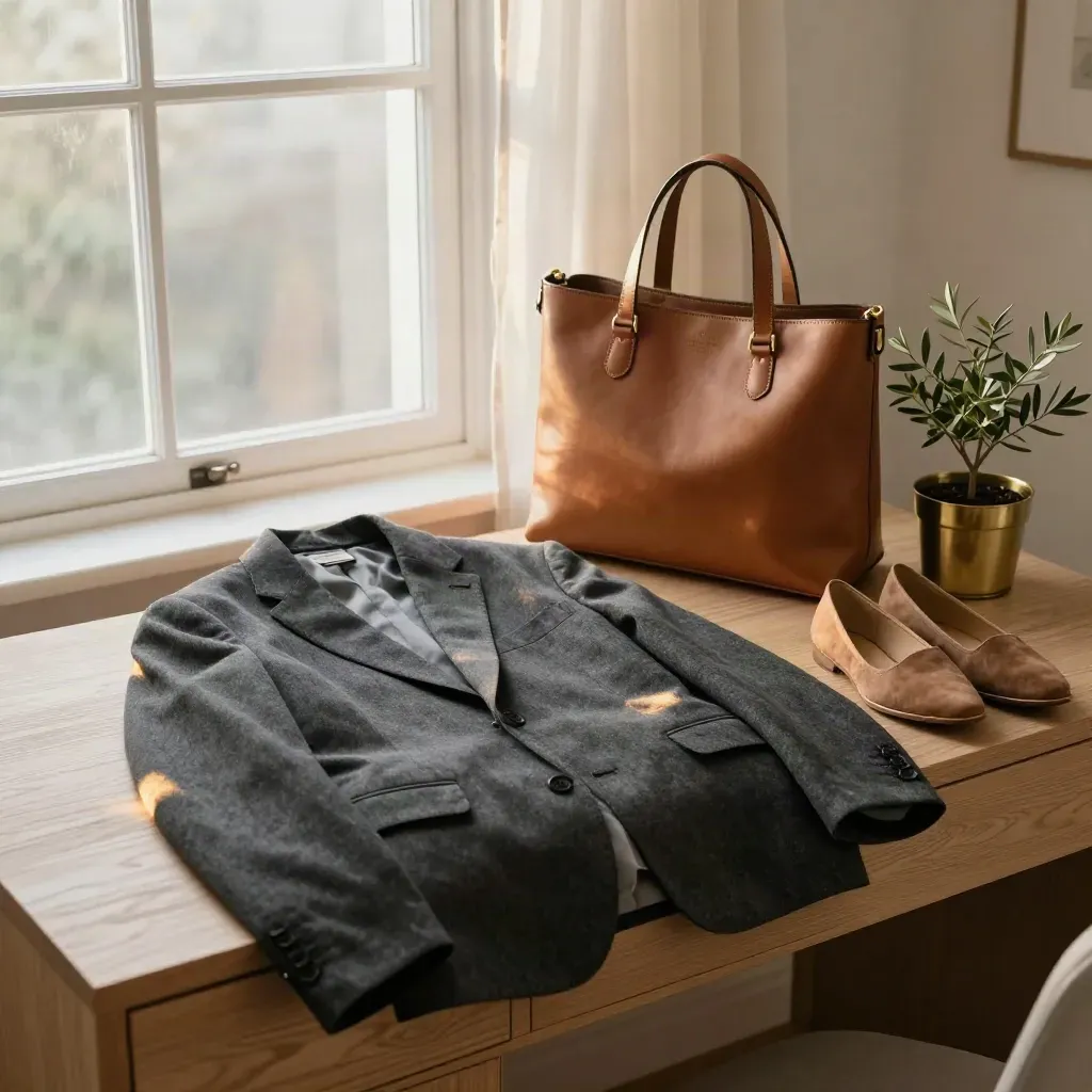 Blazer, borsa e scarpe pronti sul tavolo in camera da letto, con pianta e luce dell’alba.