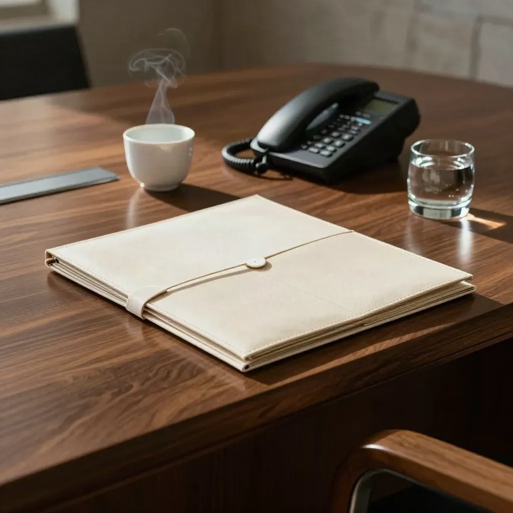 Credenza in noce con fascicoli sigillati, tazza bianca e fermacarte in vetro.