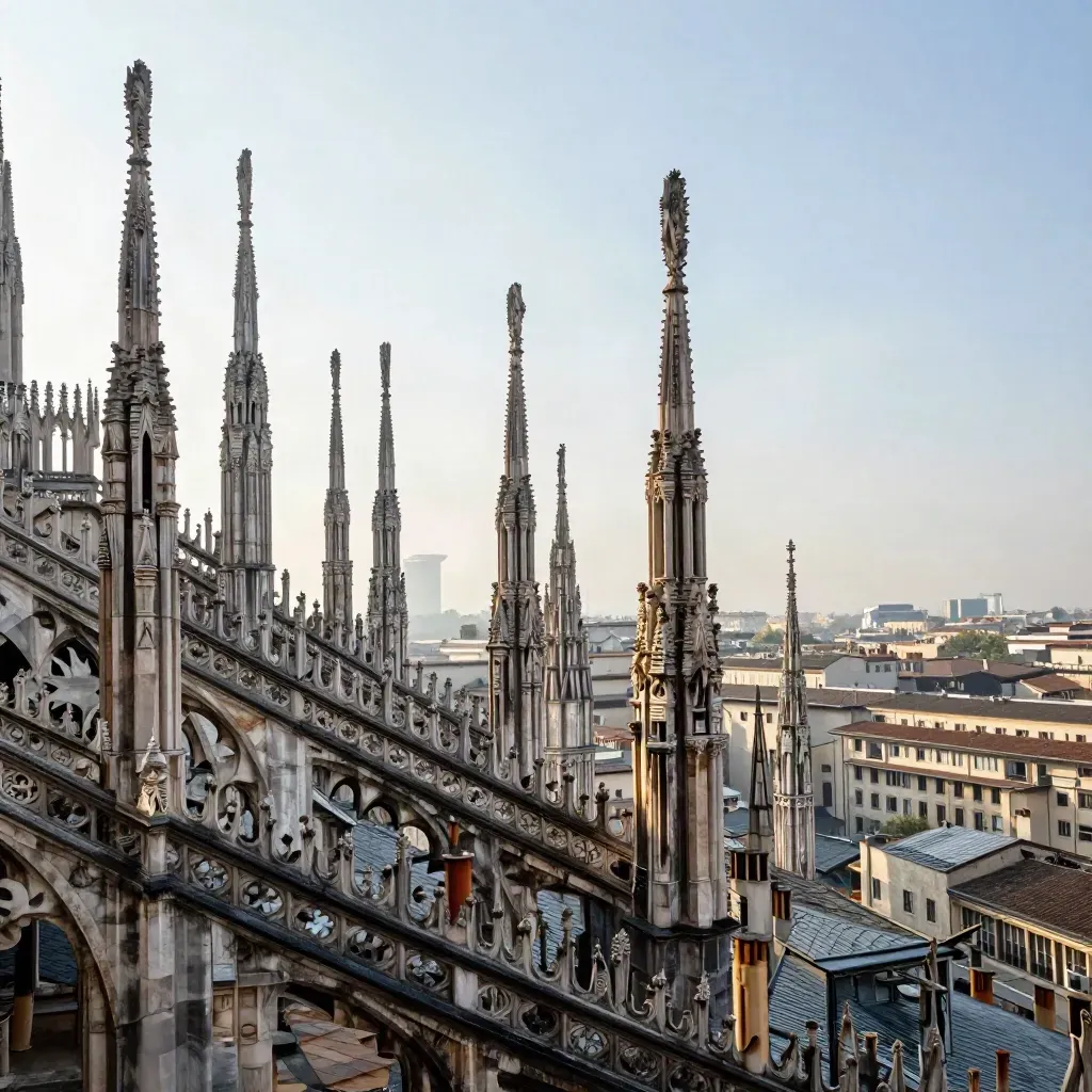 Le guglie del Duomo sopra i tetti di Milano, con cielo pallido dopo la pioggia.